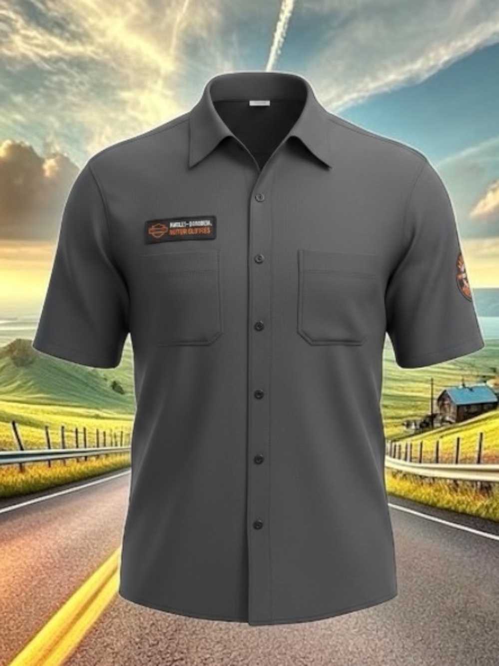 Harley-Davidson Black Short Sleeve Button-Up Shirt with Orange Patches
